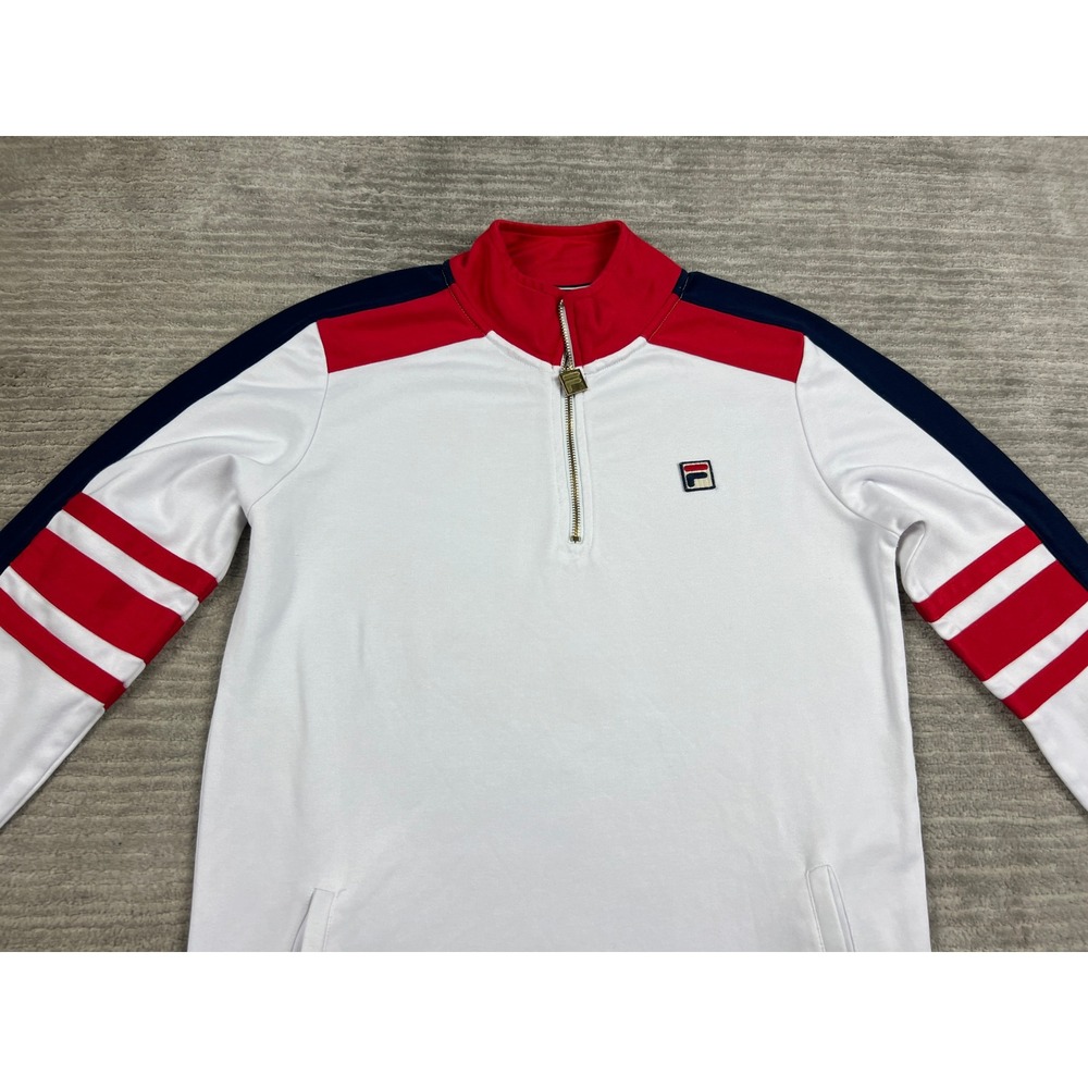 Fila Quarter Zip Pullover Mens Medium White Navy Colorblock Striped Sweatshirt - Picture 2 of 16